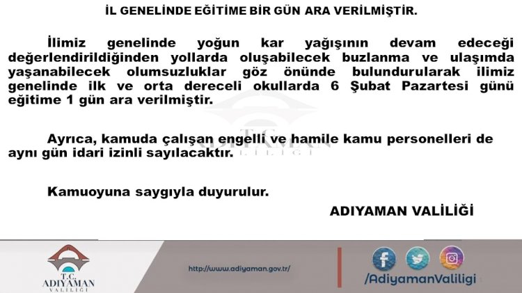 İL GENELİNDE EĞİTİME BİR GÜN ARA VERİLMİŞTİR.